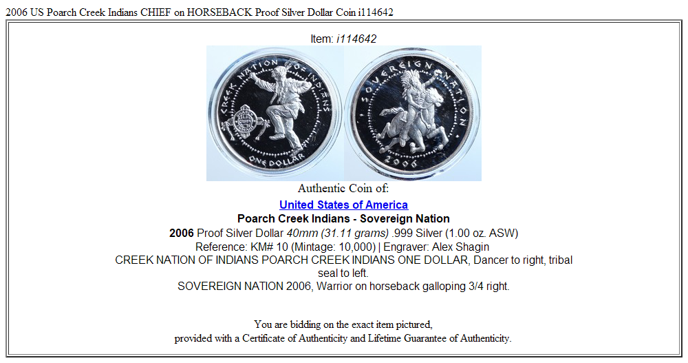 2006 US Poarch Creek Indians CHIEF on HORSEBACK Proof Silver Dollar Coin i114642