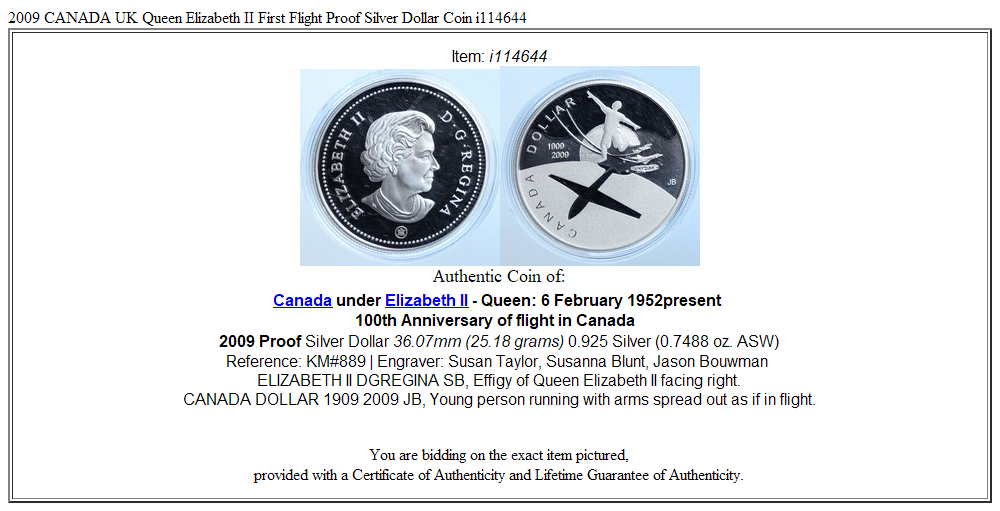 2009 CANADA UK Queen Elizabeth II First Flight Proof Silver Dollar Coin i114644