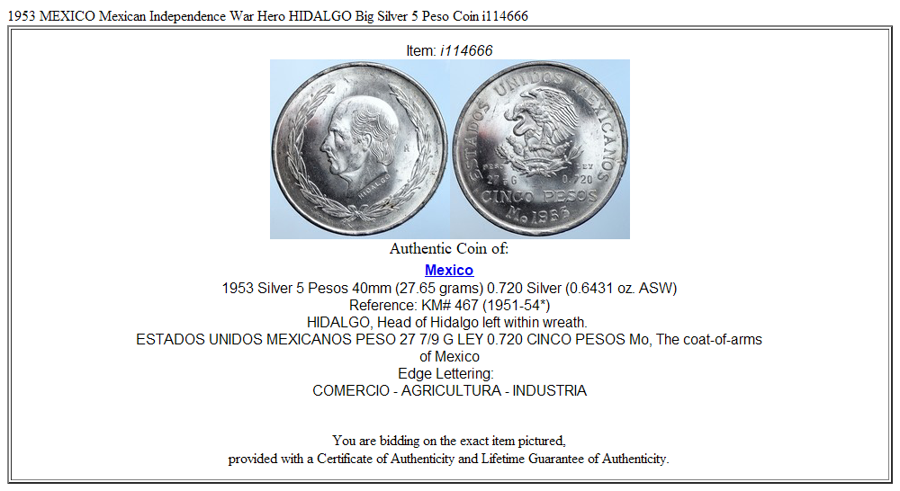 1953 MEXICO Mexican Independence War Hero HIDALGO Big Silver 5 Peso Coin i114666