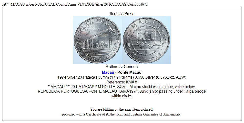 1974 MACAU under PORTUGAL Coat of Arms VINTAGE Silver 20 PATACAS Coin i114671