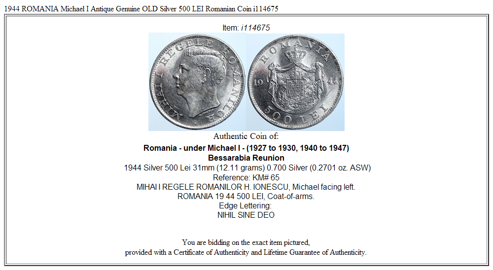 1944 ROMANIA Michael I Antique Genuine OLD Silver 500 LEI Romanian Coin i114675
