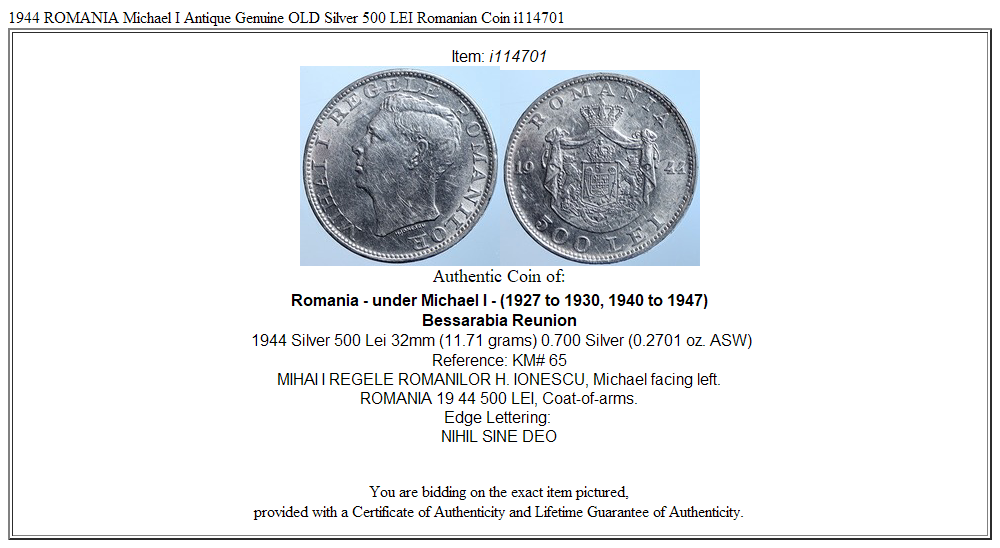 1944 ROMANIA Michael I Antique Genuine OLD Silver 500 LEI Romanian Coin i114701