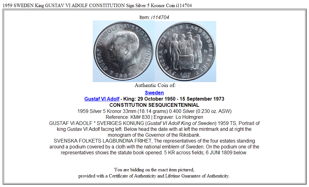 1959 SWEDEN King GUSTAV VI ADOLF CONSTITUTION Sign Silver 5 Kronor Coin i114704