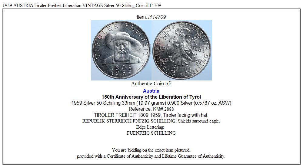 1959 AUSTRIA Tiroler Freiheit Liberation VINTAGE Silver 50 Shilling Coin i114709