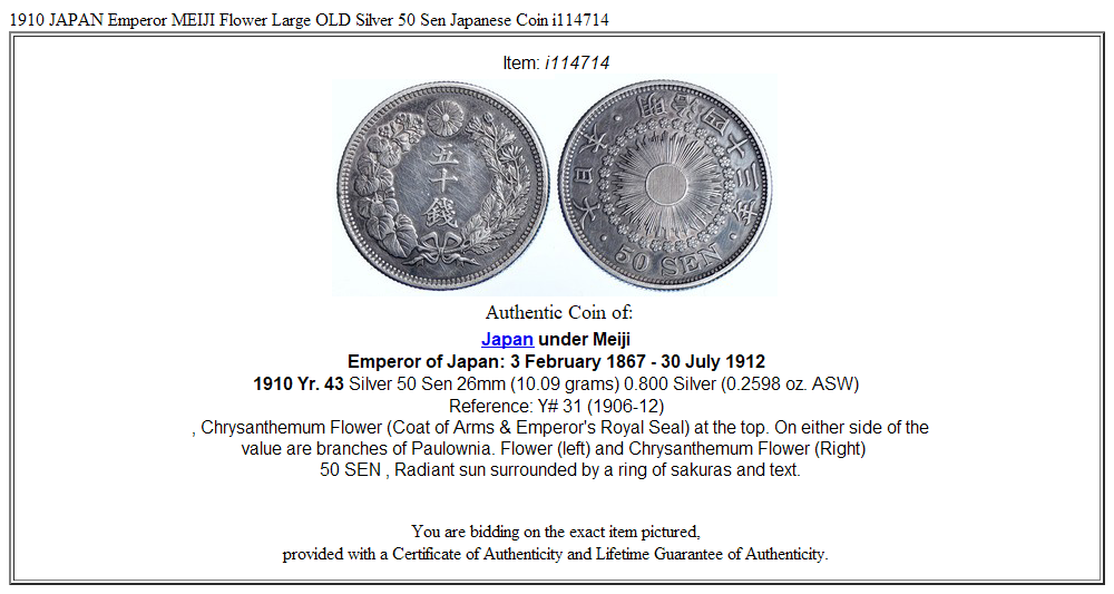 1910 JAPAN Emperor MEIJI Flower Large OLD Silver 50 Sen Japanese Coin i114714