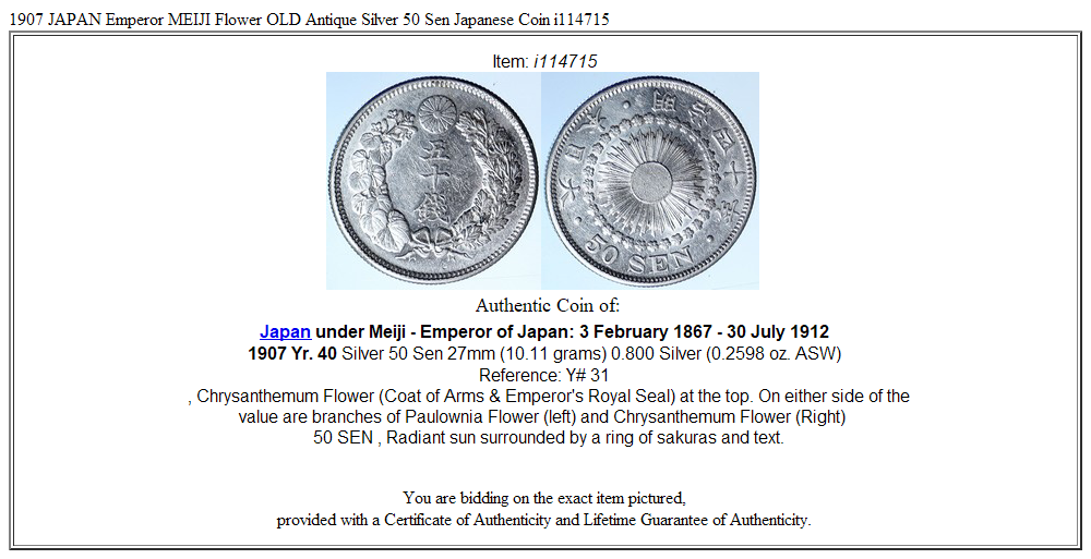 1907 JAPAN Emperor MEIJI Flower OLD Antique Silver 50 Sen Japanese Coin i114715