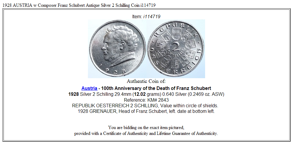 1928 AUSTRIA w Composer Franz Schubert Antique Silver 2 Schilling Coin i114719