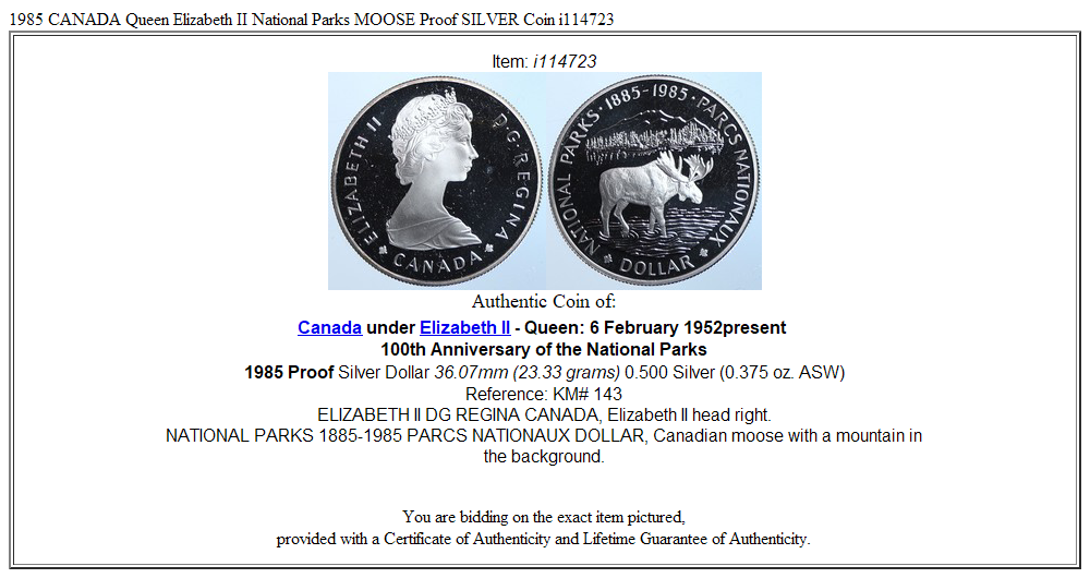 1985 CANADA Queen Elizabeth II National Parks MOOSE Proof SILVER Coin i114723