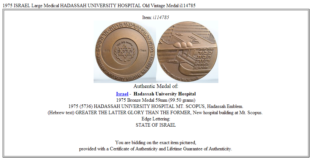 1975 ISRAEL Large Medical HADASSAH UNIVERSITY HOSPITAL Old Vintage Medal i114785