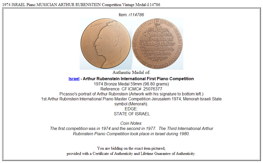 1974 ISRAEL Piano MUSICIAN ARTHUR RUBENSTEIN Competition Vintage Medal i114786