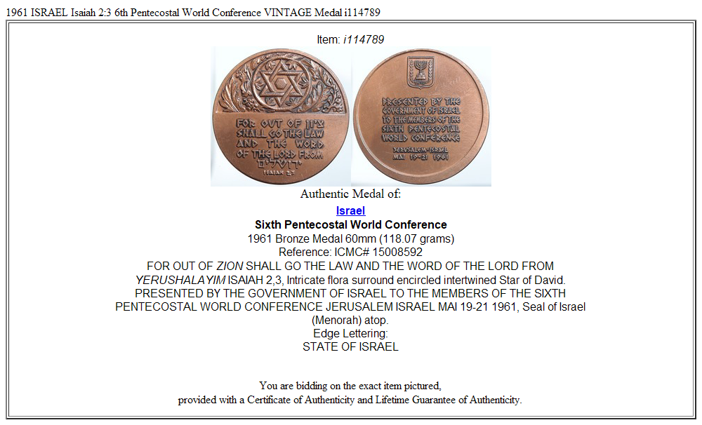 1961 ISRAEL Isaiah 2:3 6th Pentecostal World Conference VINTAGE Medal i114789