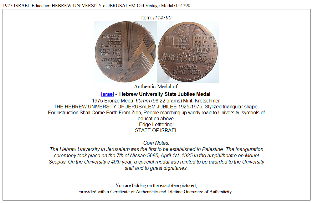 1975 ISRAEL Education HEBREW UNIVERSITY of JERUSALEM Old Vintage Medal i114790