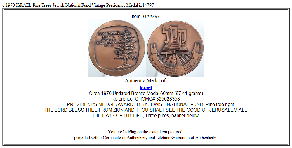 c.1970 ISRAEL Pine Trees Jewish National Fund Vintage President's Medal i114797