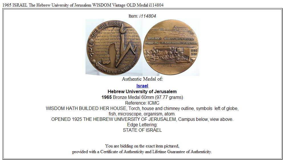 1965 ISRAEL The Hebrew University of Jerusalem WISDOM Vintage OLD Medal i114804