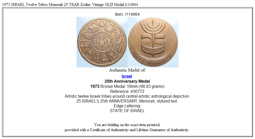 1973 ISRAEL Twelve Tribes Menorah 25 YEAR Zodiac Vintage OLD Medal i114864