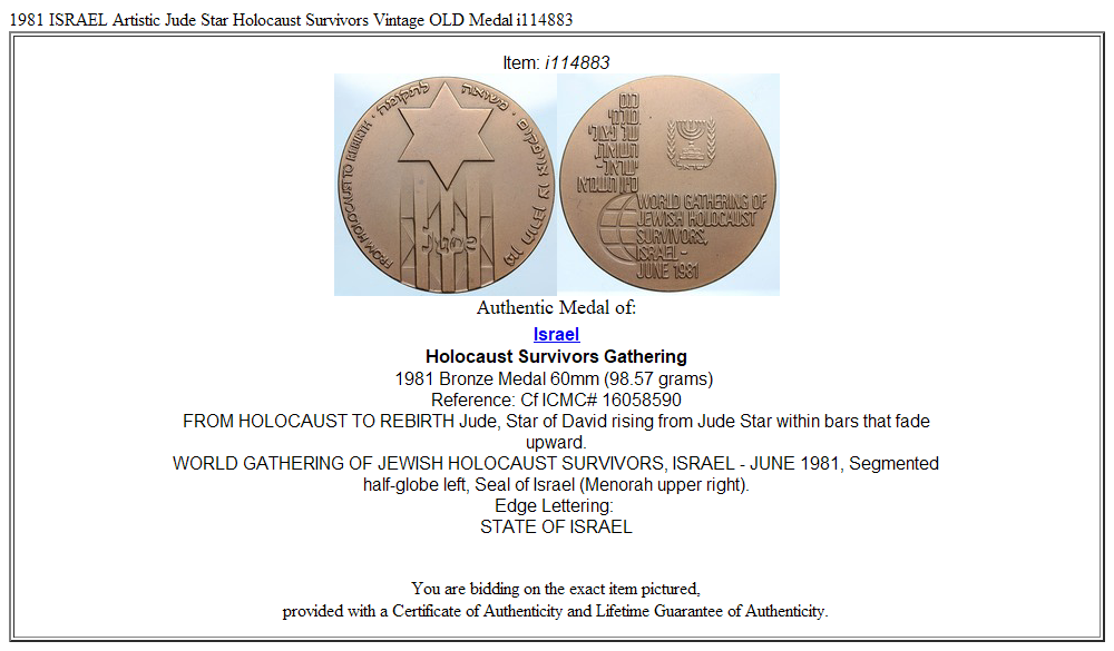 1981 ISRAEL Artistic Jude Star Holocaust Survivors Vintage OLD Medal i114883