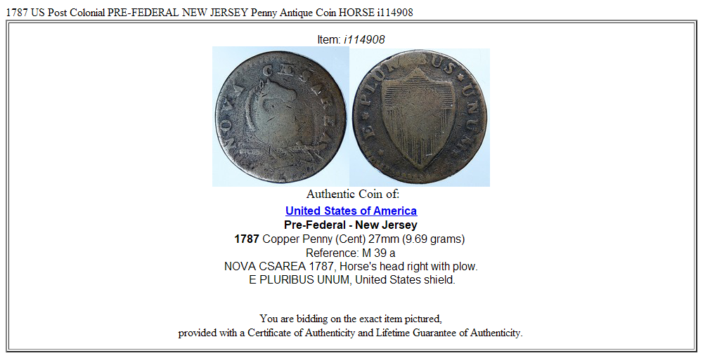 1787 US Post Colonial PRE-FEDERAL NEW JERSEY Penny Antique Coin HORSE i114908