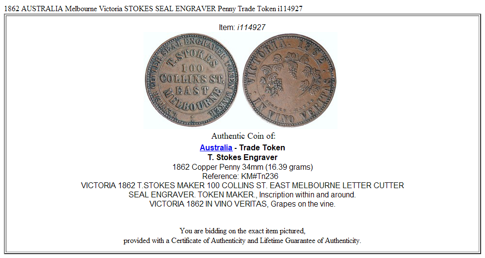 1862 AUSTRALIA Melbourne Victoria STOKES SEAL ENGRAVER Penny Trade Token i114927