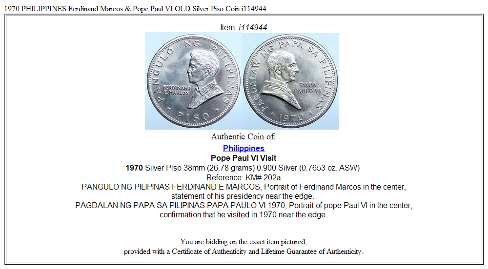 1970 PHILIPPINES Ferdinand Marcos & Pope Paul VI OLD Silver Piso Coin i114944