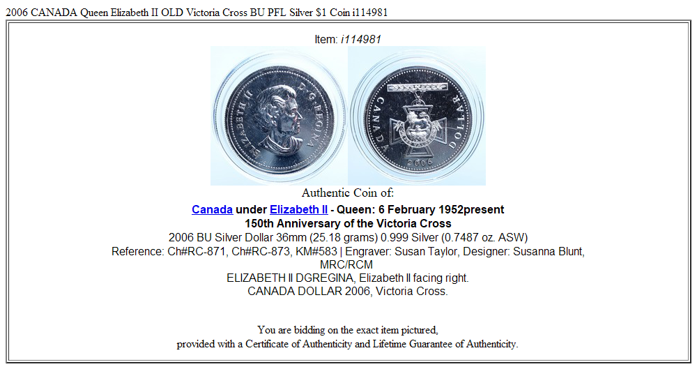 2006 CANADA Queen Elizabeth II OLD Victoria Cross BU PFL Silver $1 Coin i114981