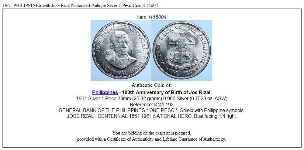 1961 PHILIPPINES with Jose Rizal Nationalist Antique Silver 1 Peso Coin i115004