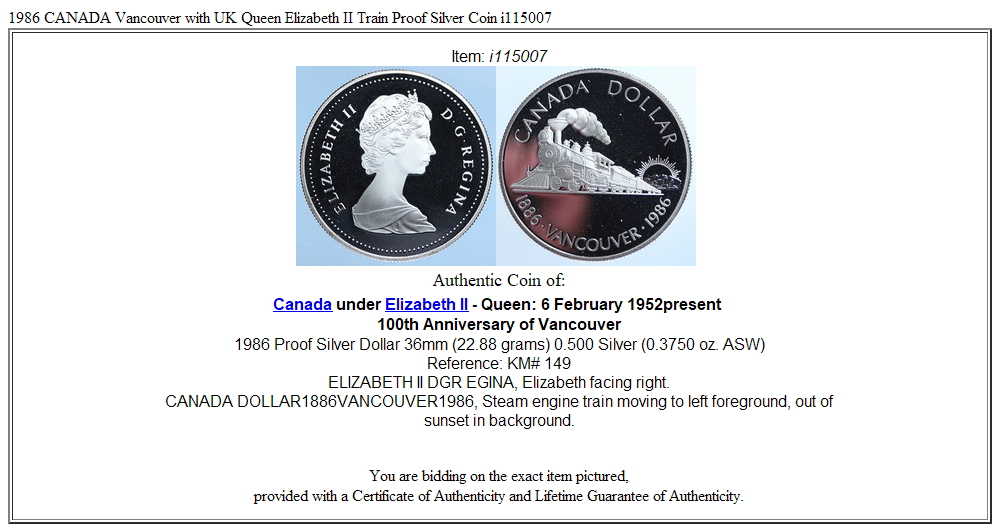 1986 CANADA Vancouver with UK Queen Elizabeth II Train Proof Silver Coin i115007