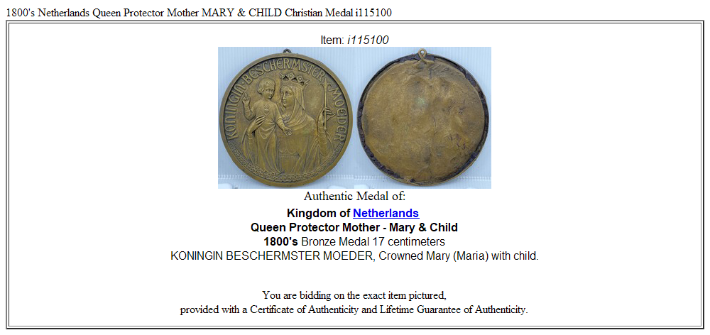 1800's Netherlands Queen Protector Mother MARY & CHILD Christian Medal i115100