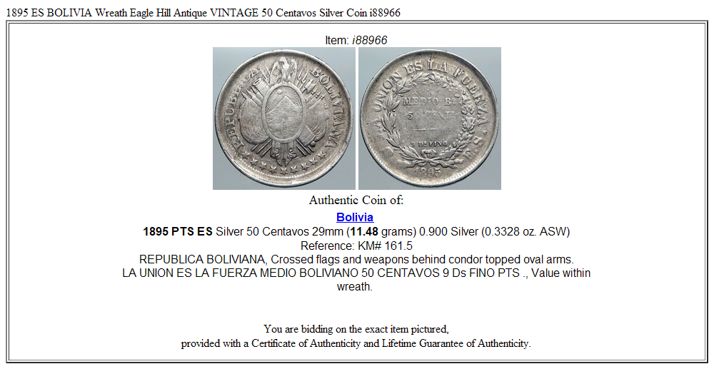 1895 ES BOLIVIA Wreath Eagle Hill Antique VINTAGE 50 Centavos Silver Coin i88966