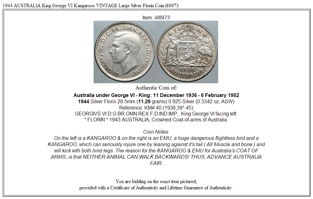 1944 AUSTRALIA King George VI Kangaroos VINTAGE Large Silver Florin Coin i88973