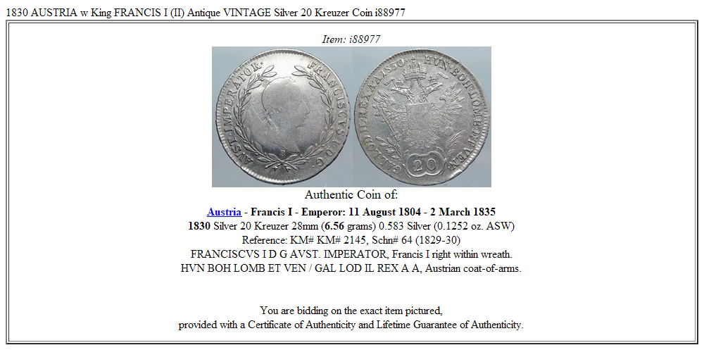 1830 AUSTRIA w King FRANCIS I (II) Antique VINTAGE Silver 20 Kreuzer Coin i88977