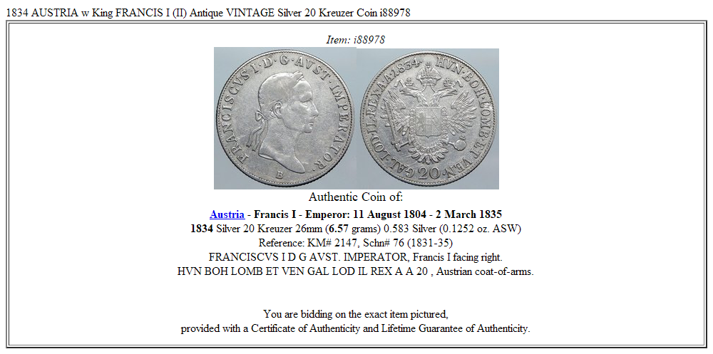 1834 AUSTRIA w King FRANCIS I (II) Antique VINTAGE Silver 20 Kreuzer Coin i88978