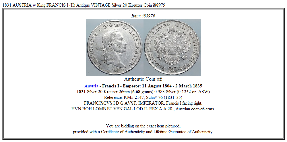 1831 AUSTRIA w King FRANCIS I (II) Antique VINTAGE Silver 20 Kreuzer Coin i88979