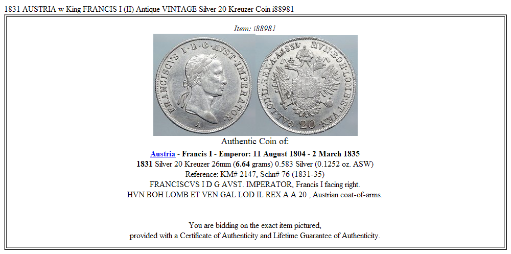 1831 AUSTRIA w King FRANCIS I (II) Antique VINTAGE Silver 20 Kreuzer Coin i88981