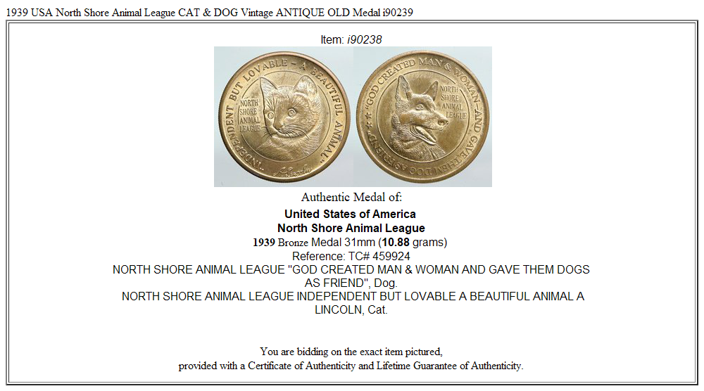 1939 USA North Shore Animal League CAT & DOG Vintage ANTIQUE OLD Medal i90239