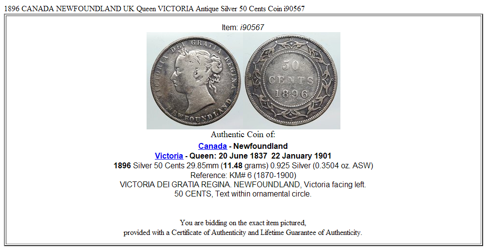 1896 CANADA NEWFOUNDLAND UK Queen VICTORIA Antique Silver 50 Cents Coin i90567