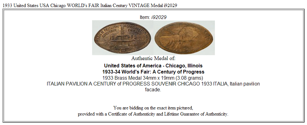 1933 United States USA Chicago WORLD's FAIR Italian Century VINTAGE Medal i92029