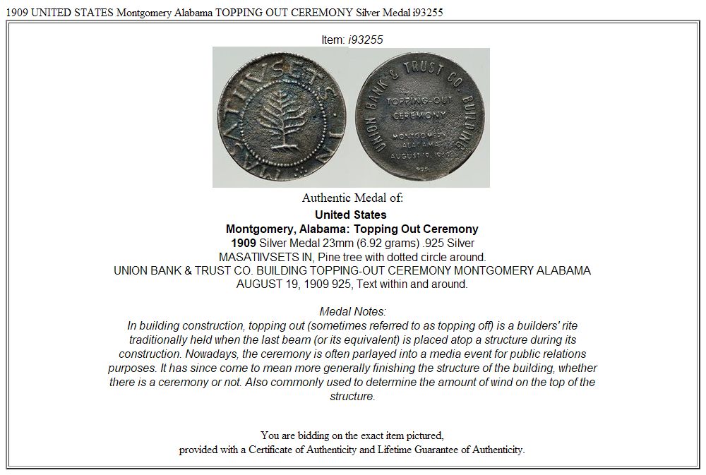 1909 UNITED STATES Montgomery Alabama TOPPING OUT CEREMONY Silver Medal i93255