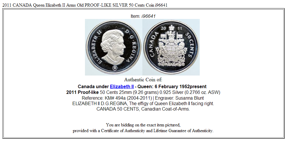 2011 CANADA Queen Elizabeth II Arms Old PROOF-LIKE SILVER 50 Cents Coin i96641