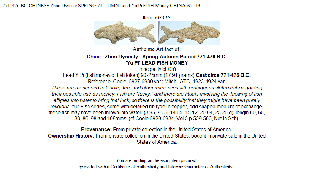 771-476 BC CHINESE Zhou Dynasty SPRING-AUTUMN Lead Yu Pi FISH Money CHINA i97113