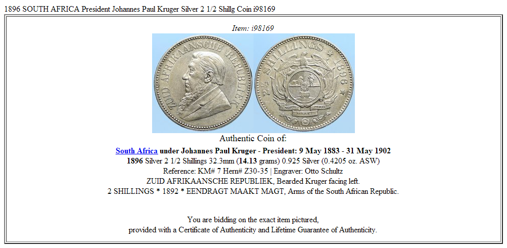 1896 SOUTH AFRICA President Johannes Paul Kruger Silver 2 1/2 Shillg Coin i98169