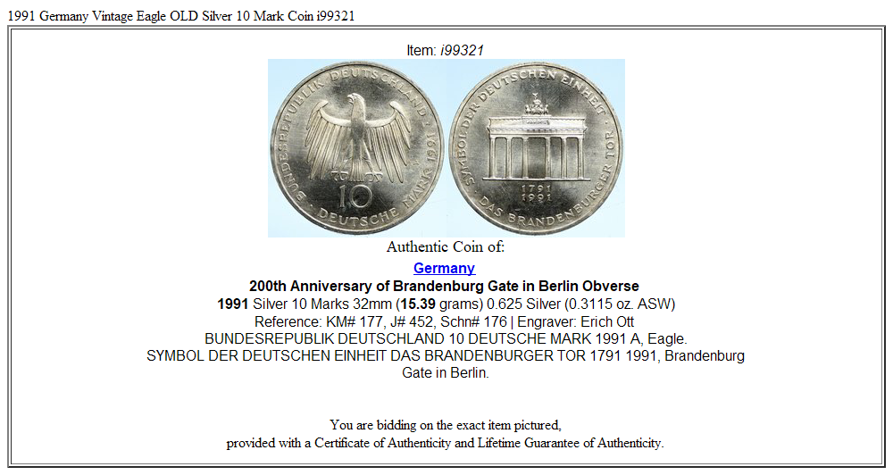 1991 Germany Vintage Eagle OLD Silver 10 Mark Coin i99321