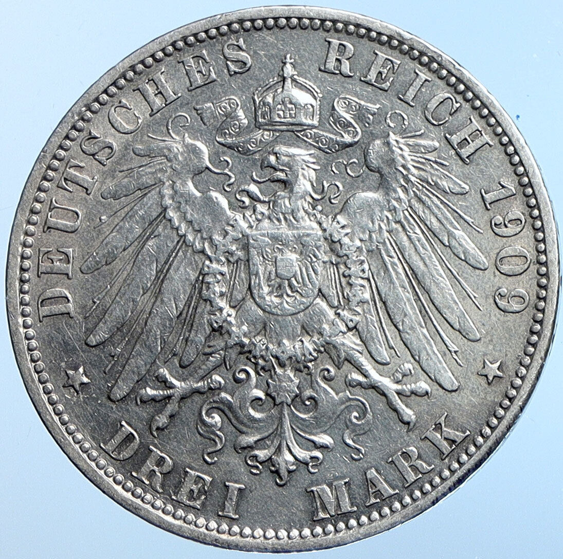 1909 D GERMANY German States BAVARIA King OTTO Silver 3 Mark Coin EAGLE i114621