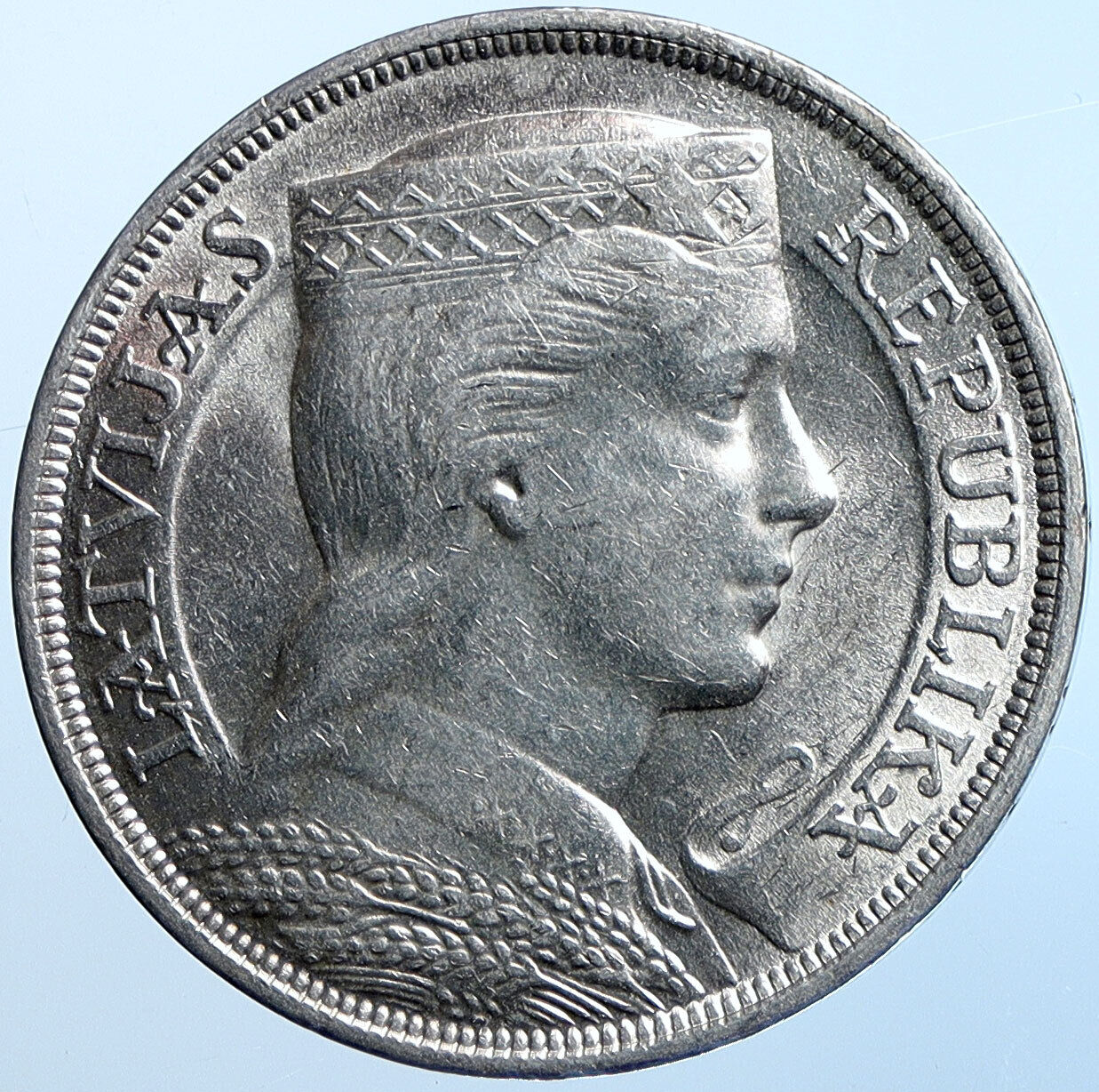 1929 LATVIA w Female Headwear 5 Lati LARGE Vintage Silver European Coin i114615
