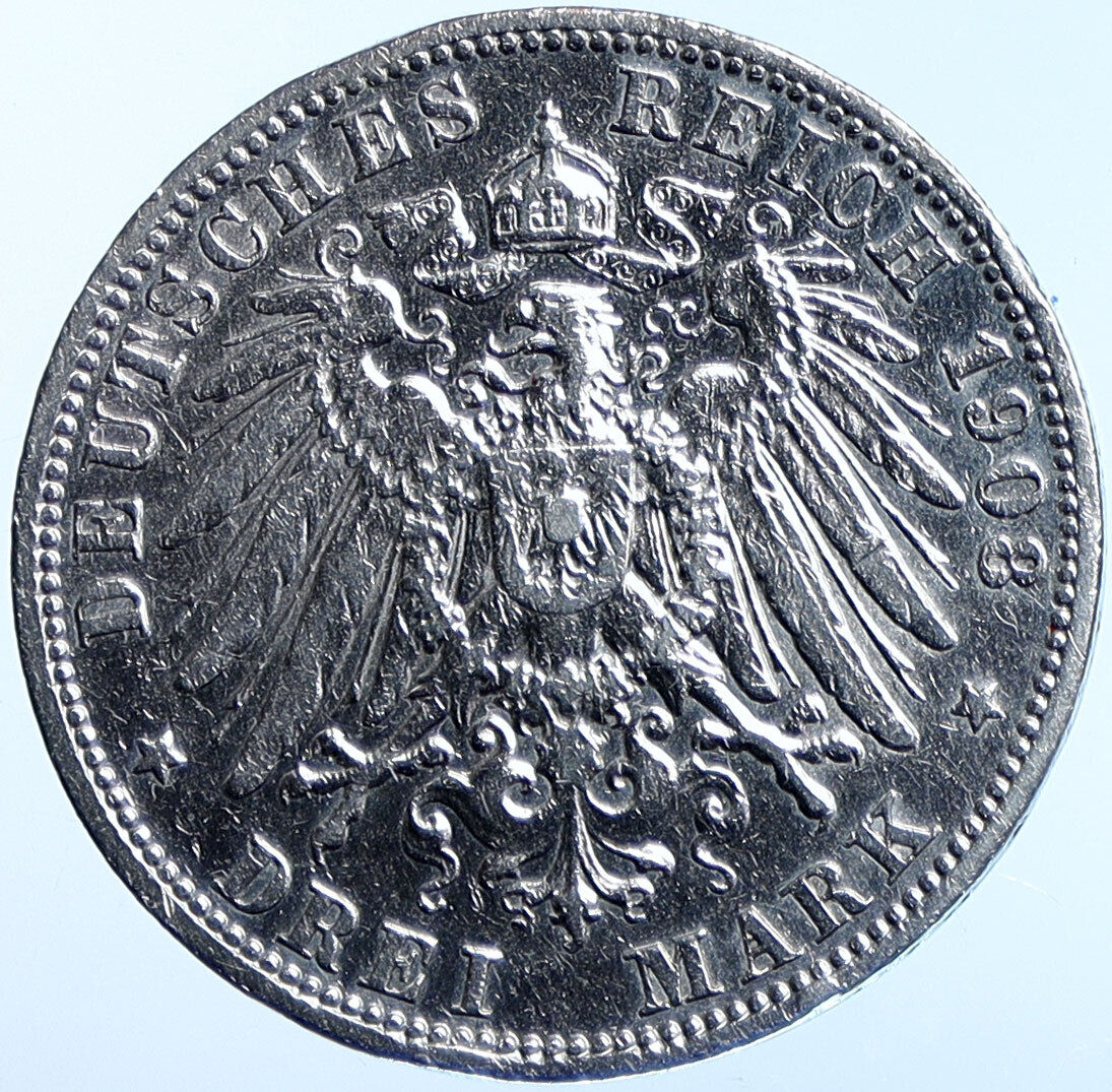 1908 A PRUSSIA KINGDOM Germany WILHELM II Old Silver 3 Mark German Coin i114626