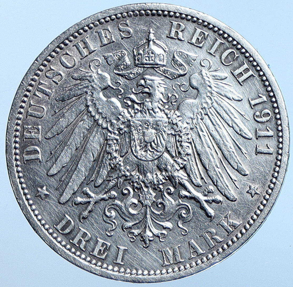 1911 A PRUSSIA KINGDOM Germany WILHELM II OLD Silver 3 Mark German Coin i114616