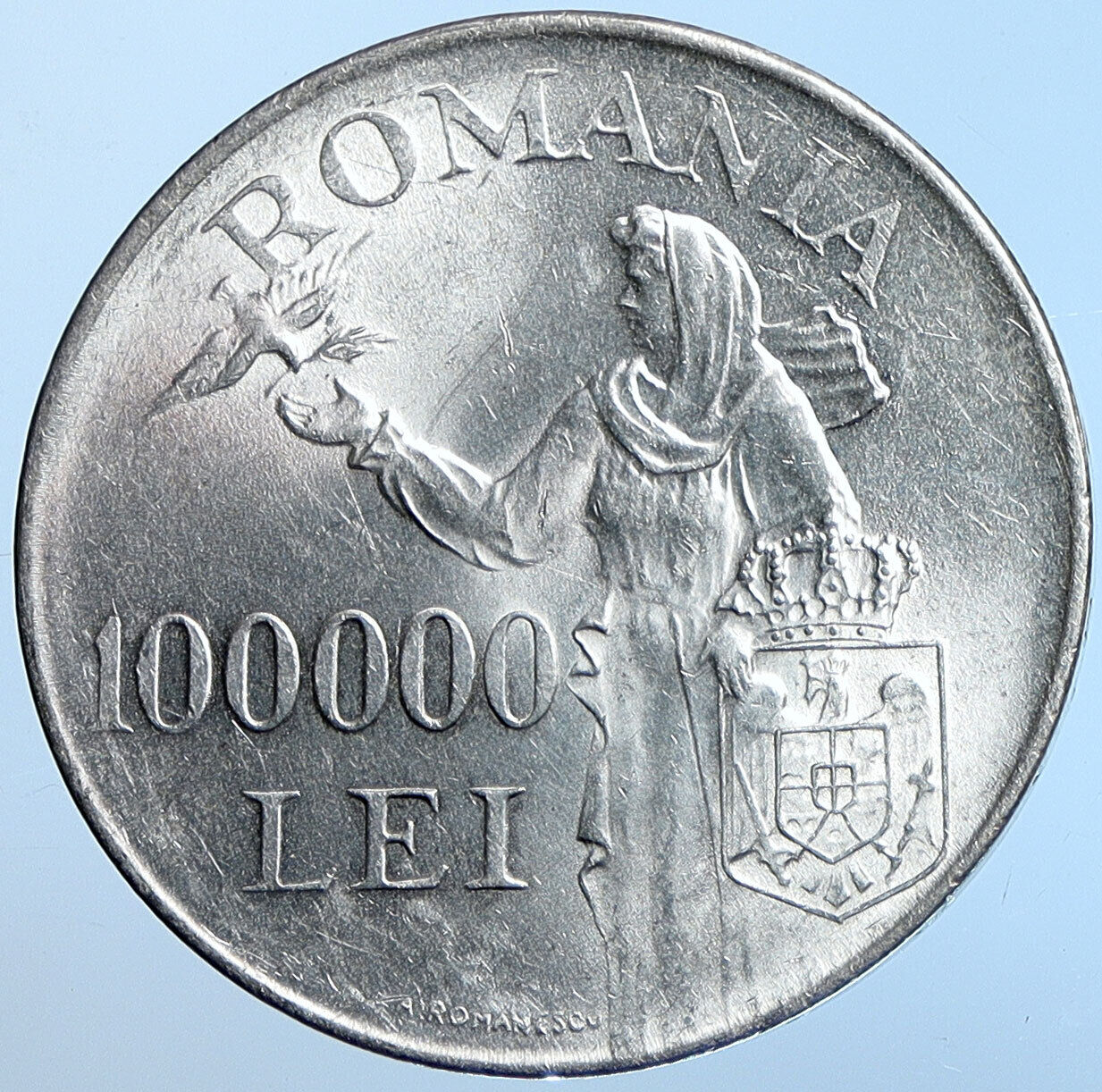 1946 ROMANIA Michael I Romanian Lady Bird Antique Silver 100000 Lei Coin i114609