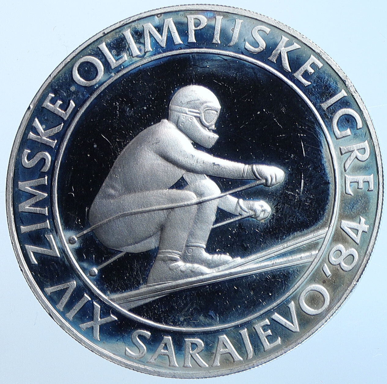 1982 YUGOSLAVIA '84 Winter Olympic SARAJEVO Skier Proof Silver 500D Coin i114602