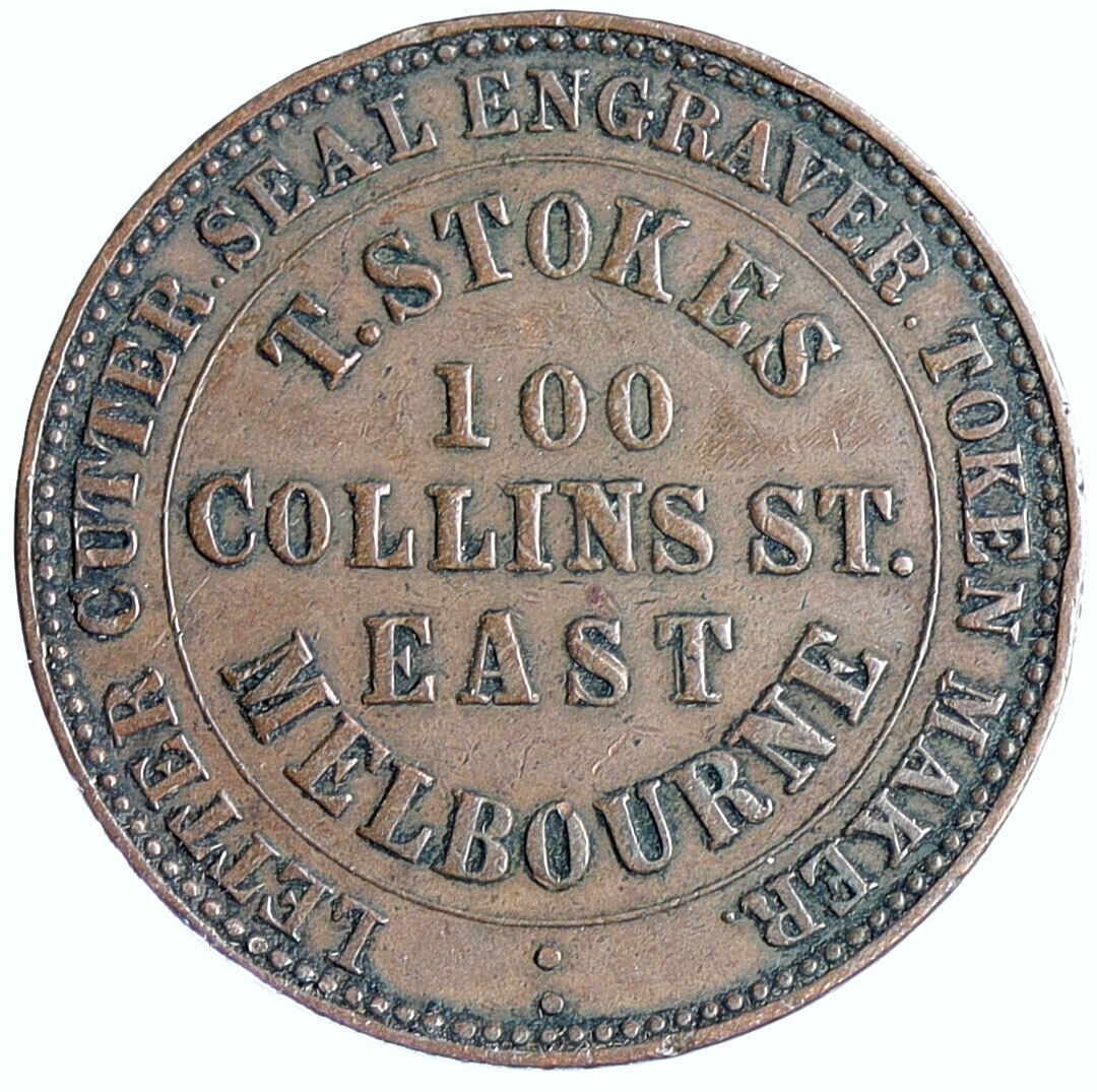 1862 AUSTRALIA Melbourne Victoria STOKES SEAL ENGRAVER Penny Trade Token i114927