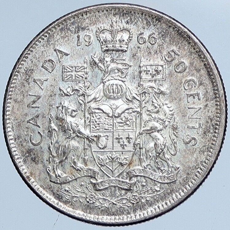 1966 CANADA UK Queen ELIZABETH II Unicorn Antique Silver 50 Cents Coin i114198