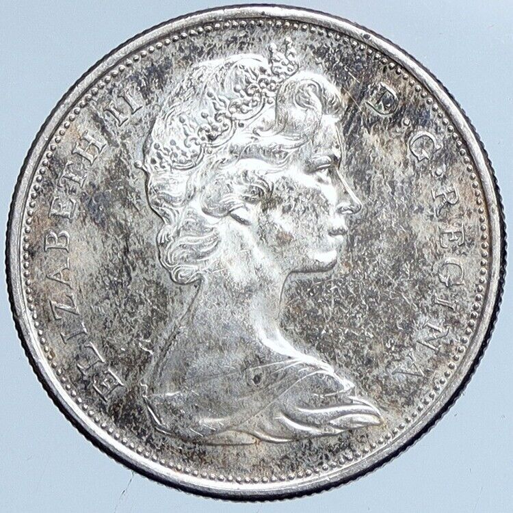 1966 CANADA UK Queen ELIZABETH II Unicorn Antique Silver 50 Cents Coin i114198